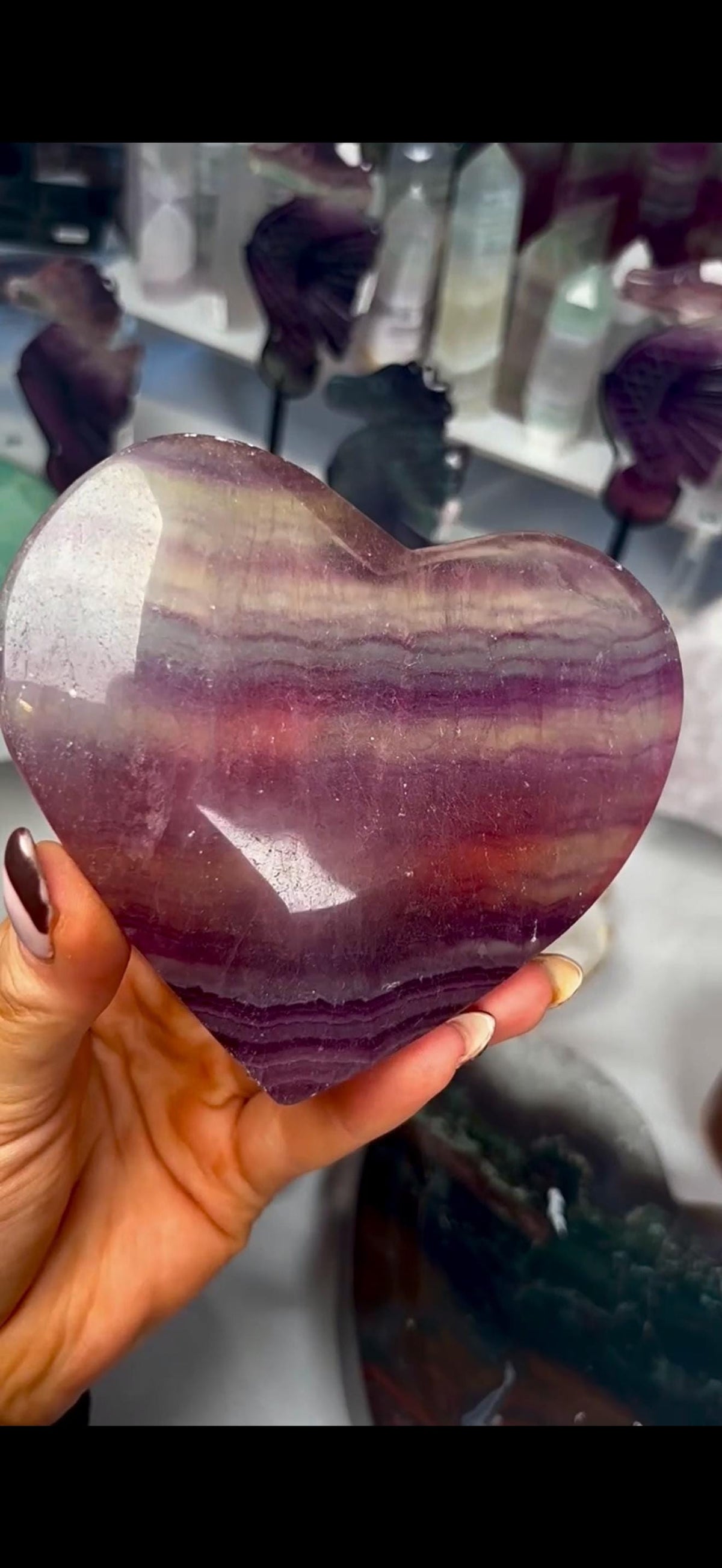 High grade, candy, rainbow fluorite heart in purple & greenish tones - stand will be provided 450g