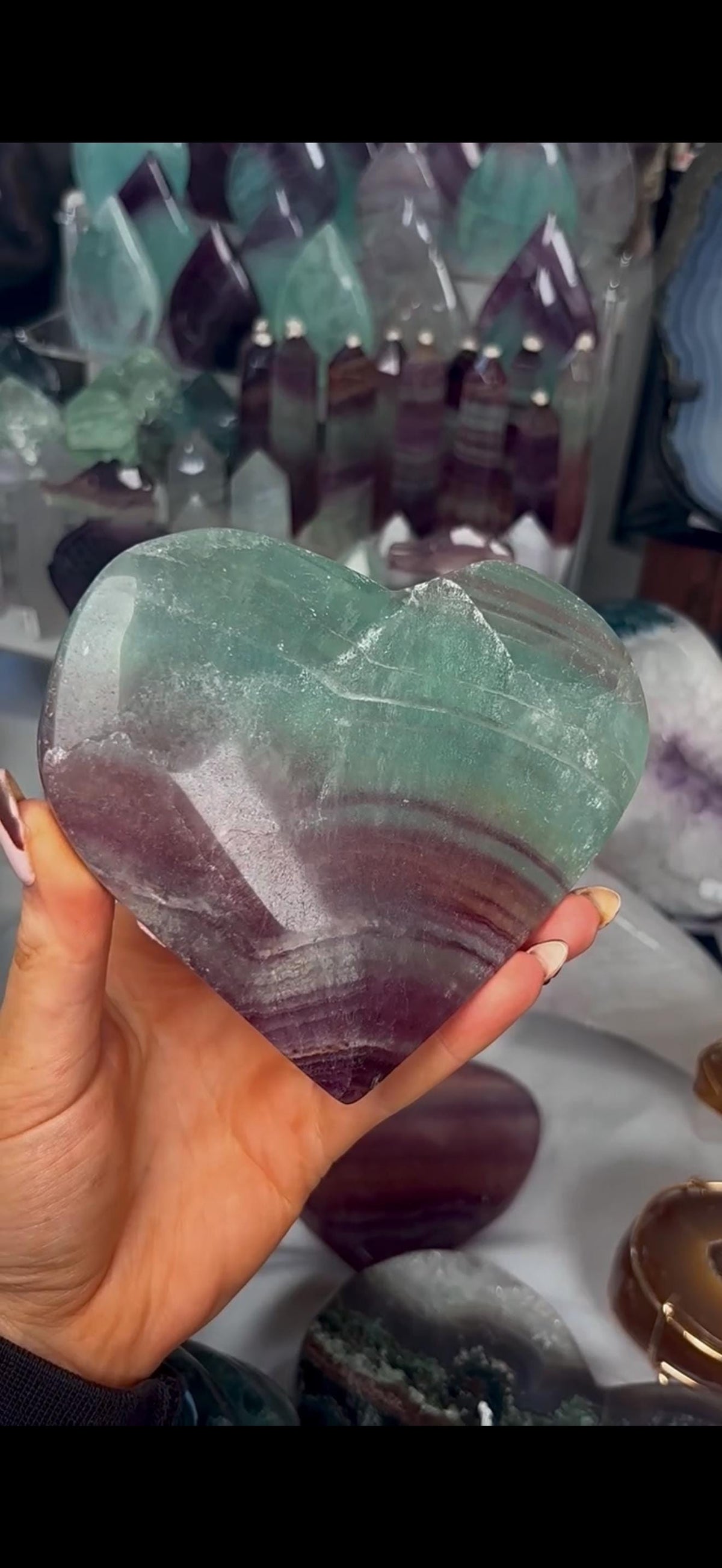 High grade, candy, rainbow fluorite heart in purple & green tones - stand will be provided