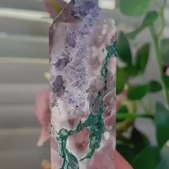 Incredible, tall pink amethyst tower with purple quartz & jasper 358g 12cm by 4.5cm