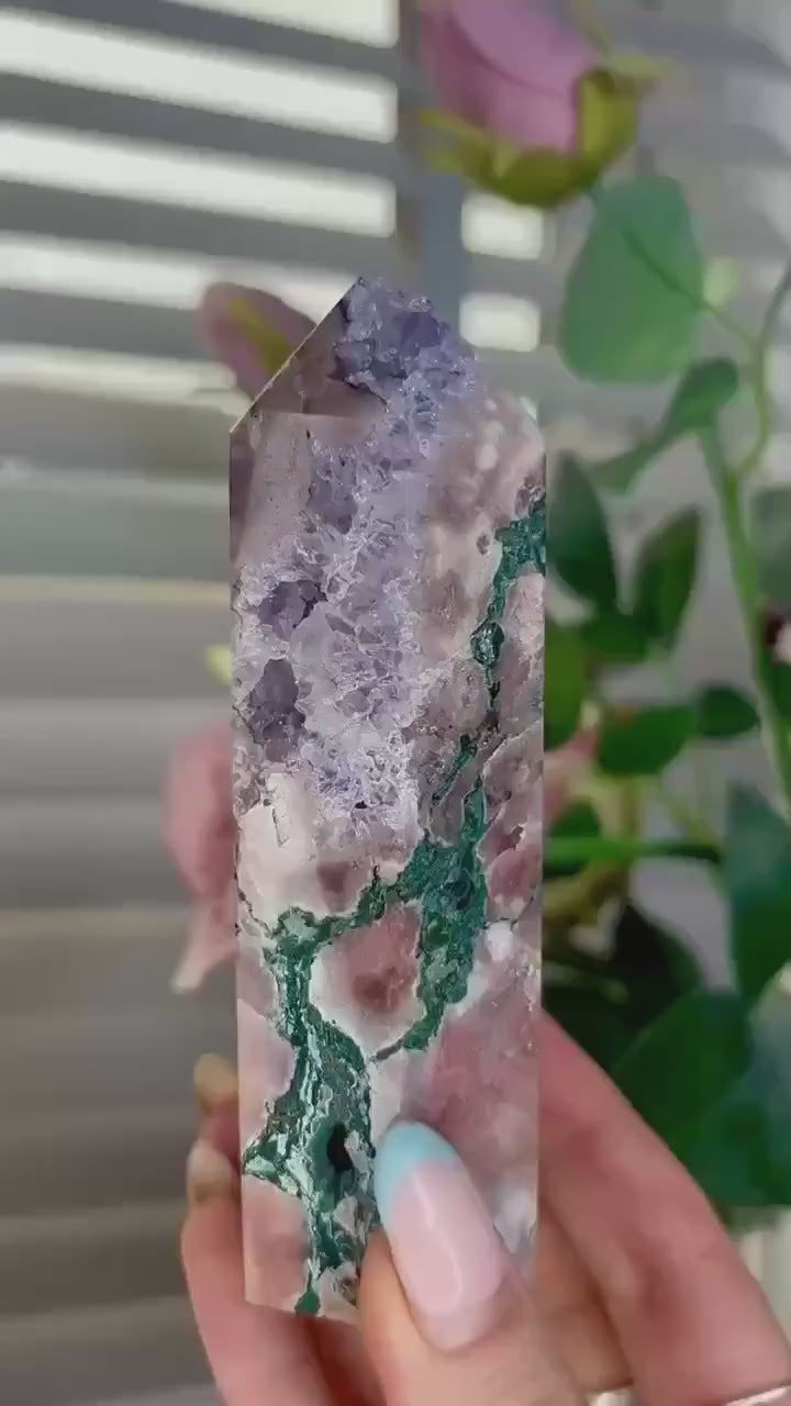 Incredible, tall pink amethyst tower with purple quartz & jasper 358g 12cm by 4.5cm