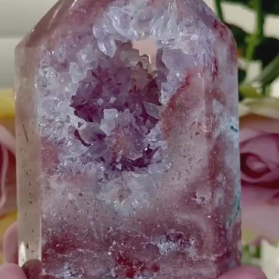 Incredible, High grade, deep pink amethyst tower with purple quartz and flower formation, portal 573g