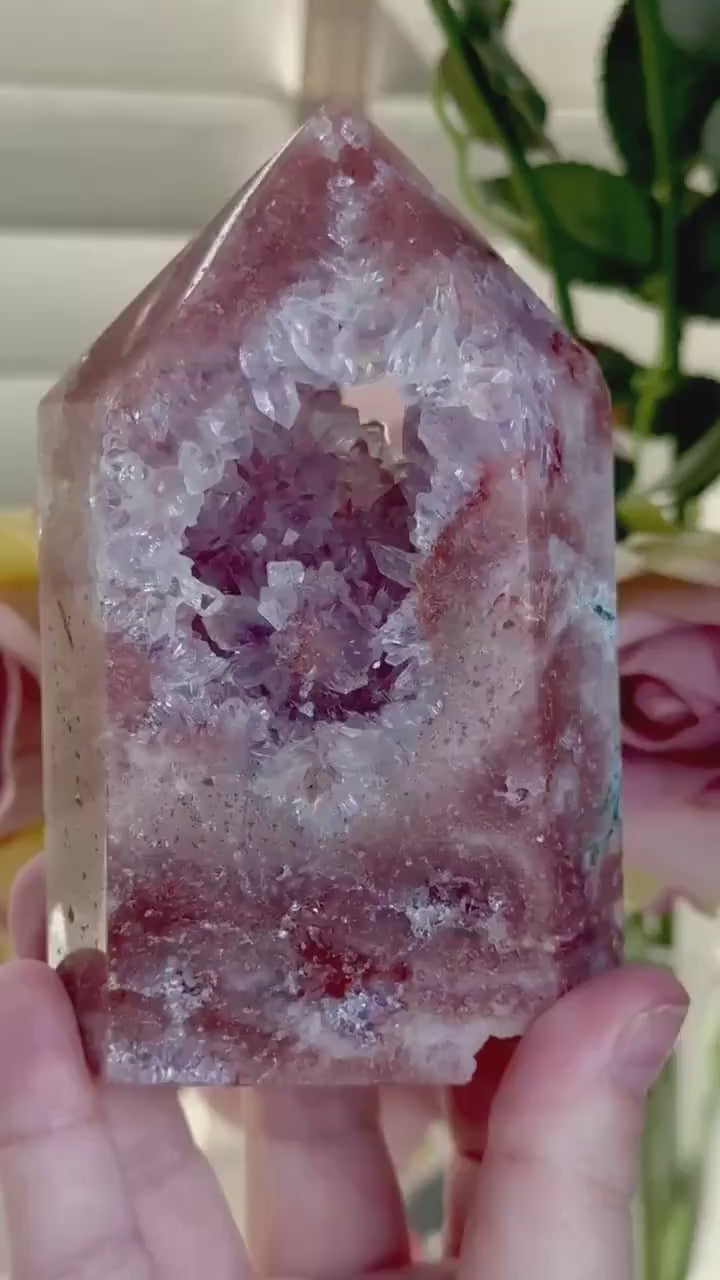 Incredible, High grade, deep pink amethyst tower with purple quartz and flower formation, portal 573g