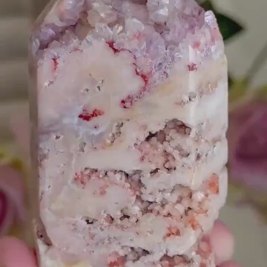 Incredible, High grade, pink amethyst, tower with incredible bubble formations in pink, red, lemon & purple tones 294g 9cm