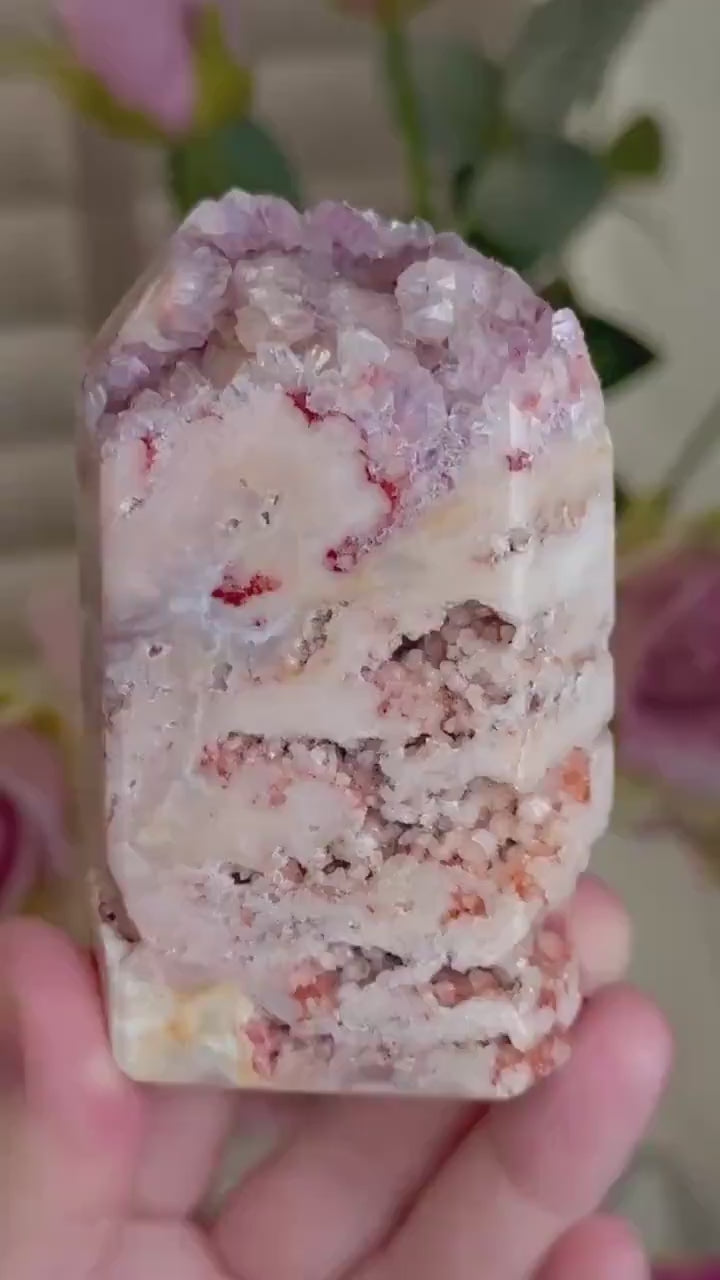 Incredible, High grade, pink amethyst, tower with incredible bubble formations in pink, red, lemon & purple tones 294g 9cm