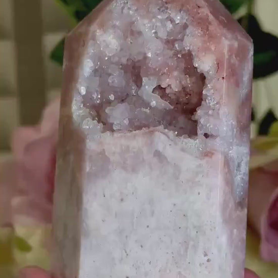 pink amethyst tower with quartz Druze 387g 11.7cm