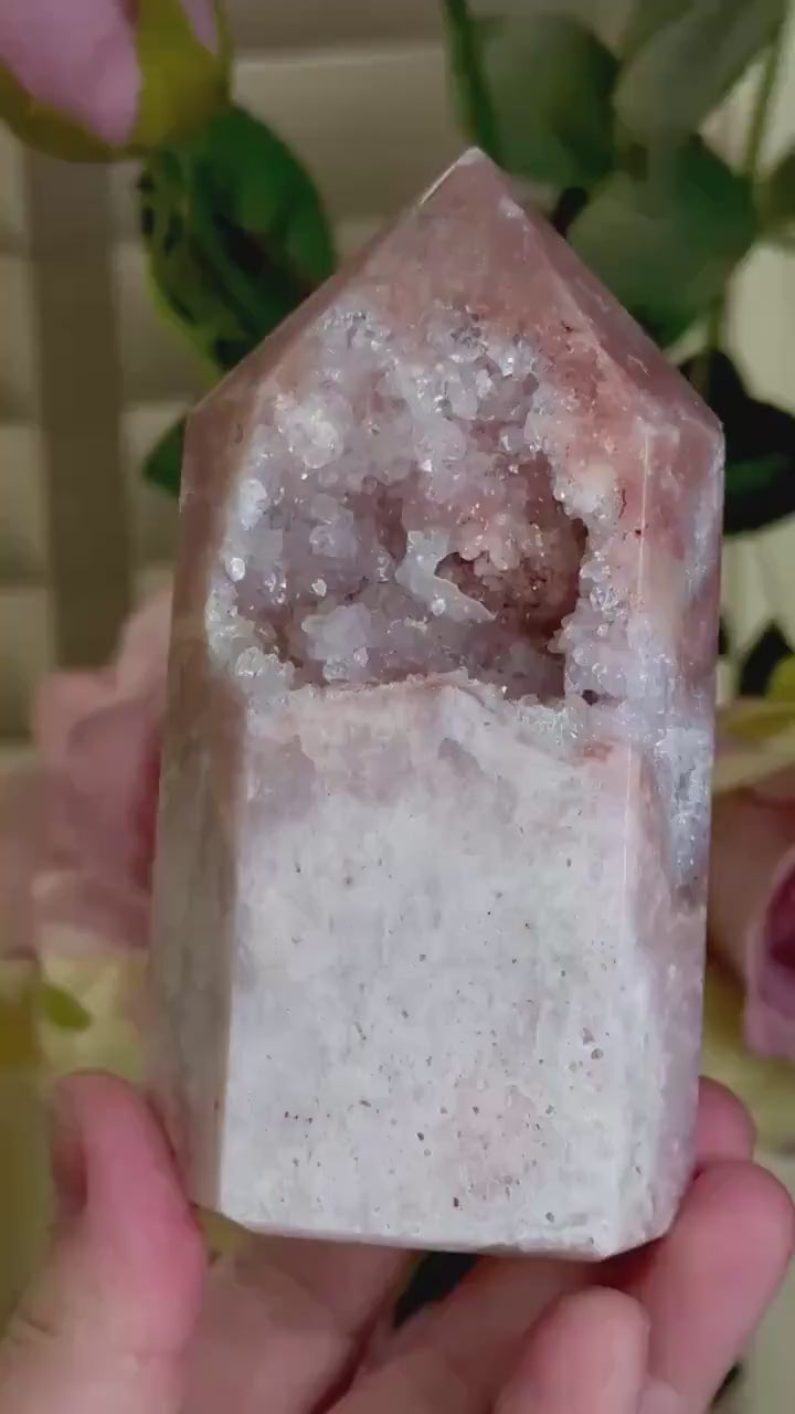 pink amethyst tower with quartz Druze 387g 11.7cm