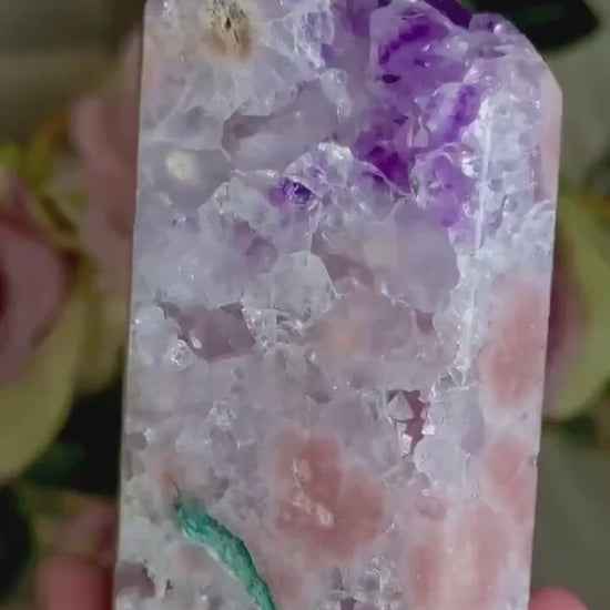 Incredible, High grade, pink amethyst tower with purple quartz, green jasper 434g