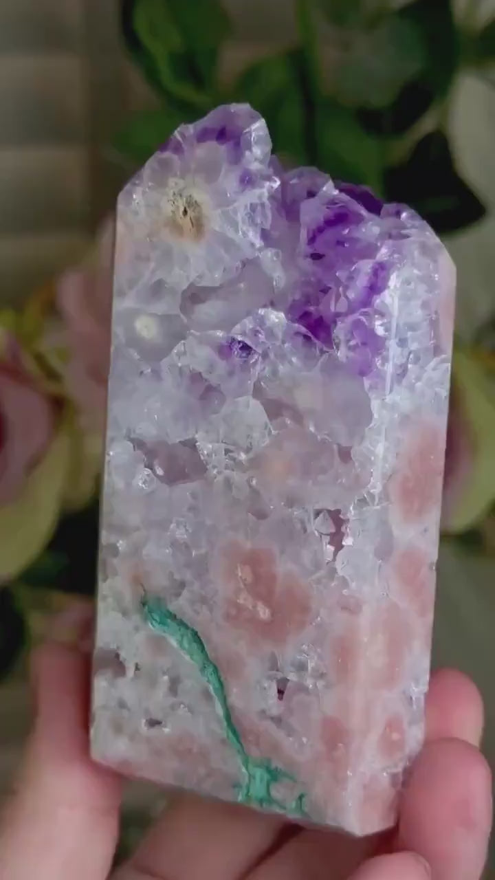 Incredible, High grade, pink amethyst tower with purple quartz, green jasper 434g