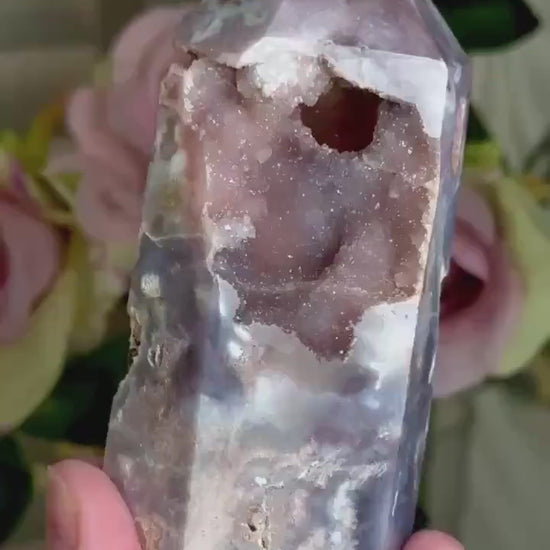 Incredible, High grade, pink amethyst tower in gorgeous moody purple/ble/grey tones with sugar Druze 354g