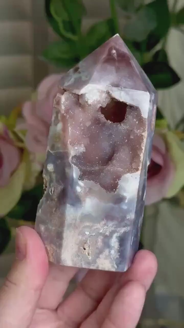 Incredible, High grade, pink amethyst tower in gorgeous moody purple/ble/grey tones with sugar Druze 354g