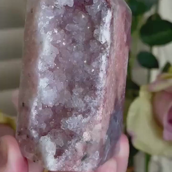 pink amethyst, chonky tower, druzy quartz 392g 10cm by 5cm