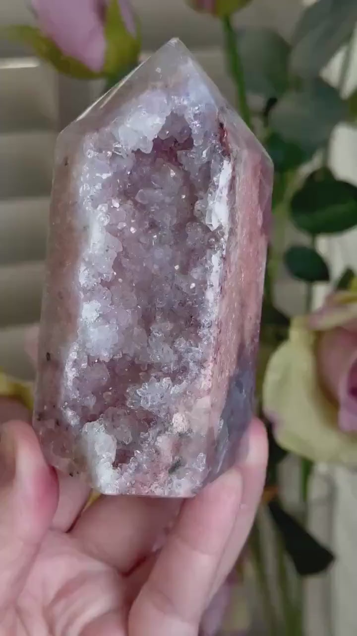 pink amethyst, chonky tower, druzy quartz 392g 10cm by 5cm