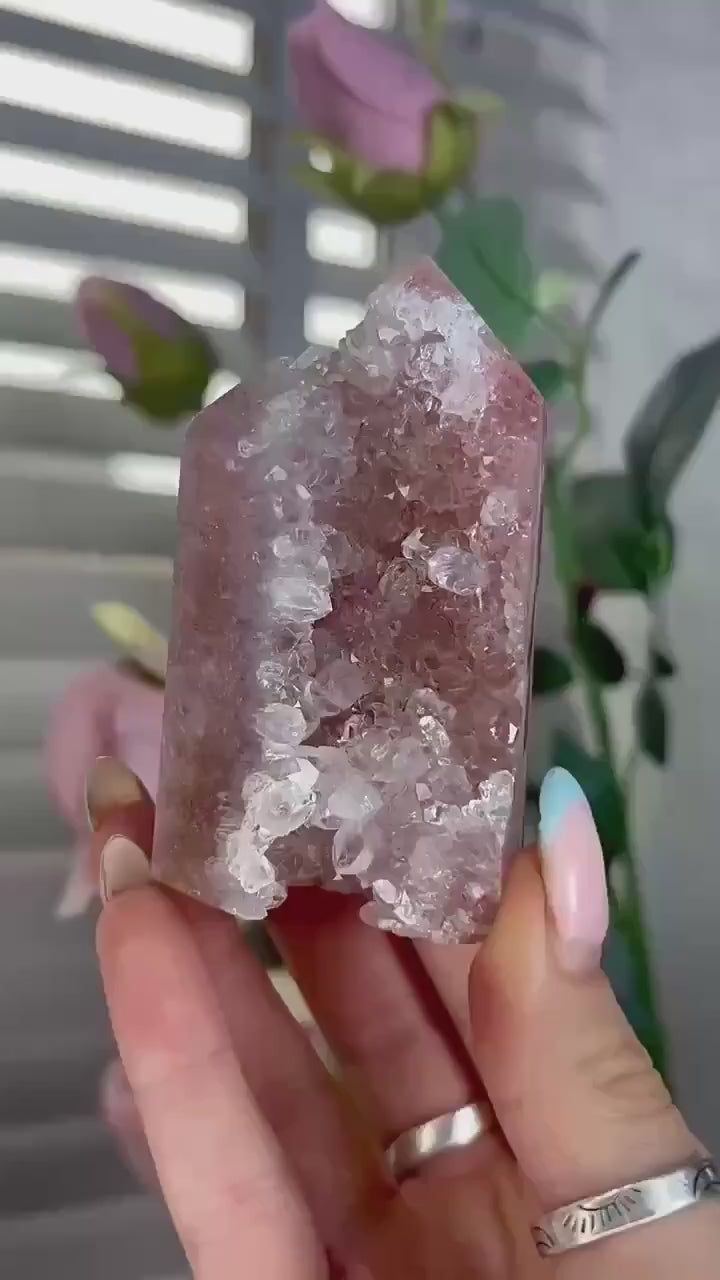 Incredible, high quality, pink amethyst tower in red/pink tones with high quality quartz Druze 234g 8.6cm by 5.6cm