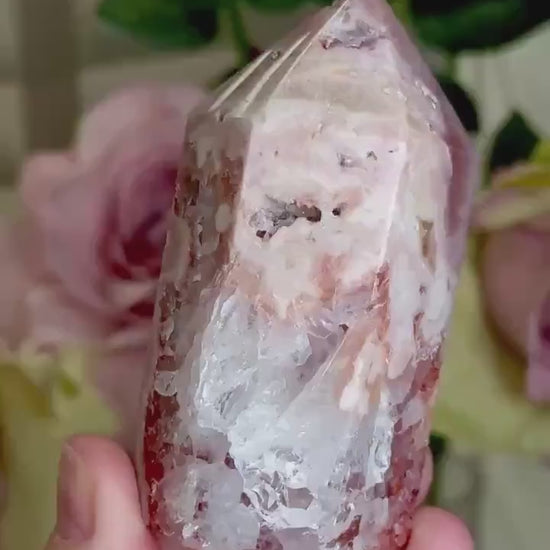 Incredible, pink amethyst, tower with quartz & red hematite 195g 8.5cm