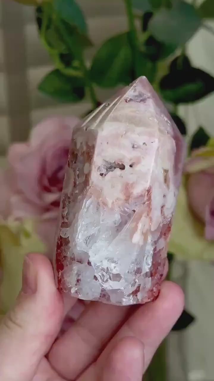 Incredible, pink amethyst, tower with quartz & red hematite 195g 8.5cm