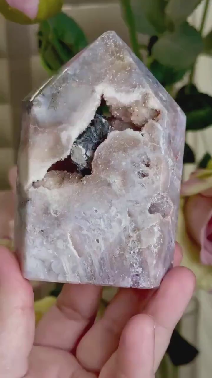 pink amethyst tower, with agate & rutile in neutral tones with black calcite 333g 10cm