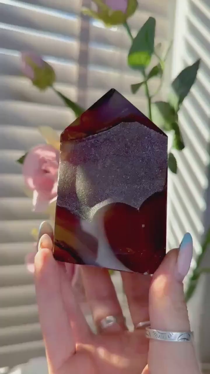 Extra quality, deep red agate, carnelian tower with Druze
